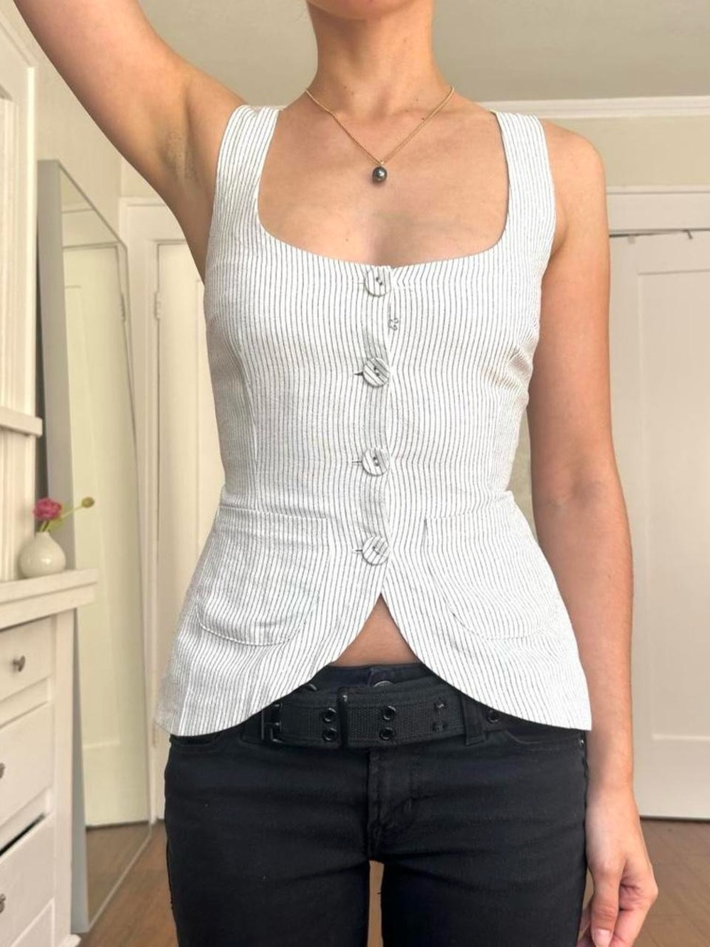 Pin-striped Square-Neck Button Front Tank Top